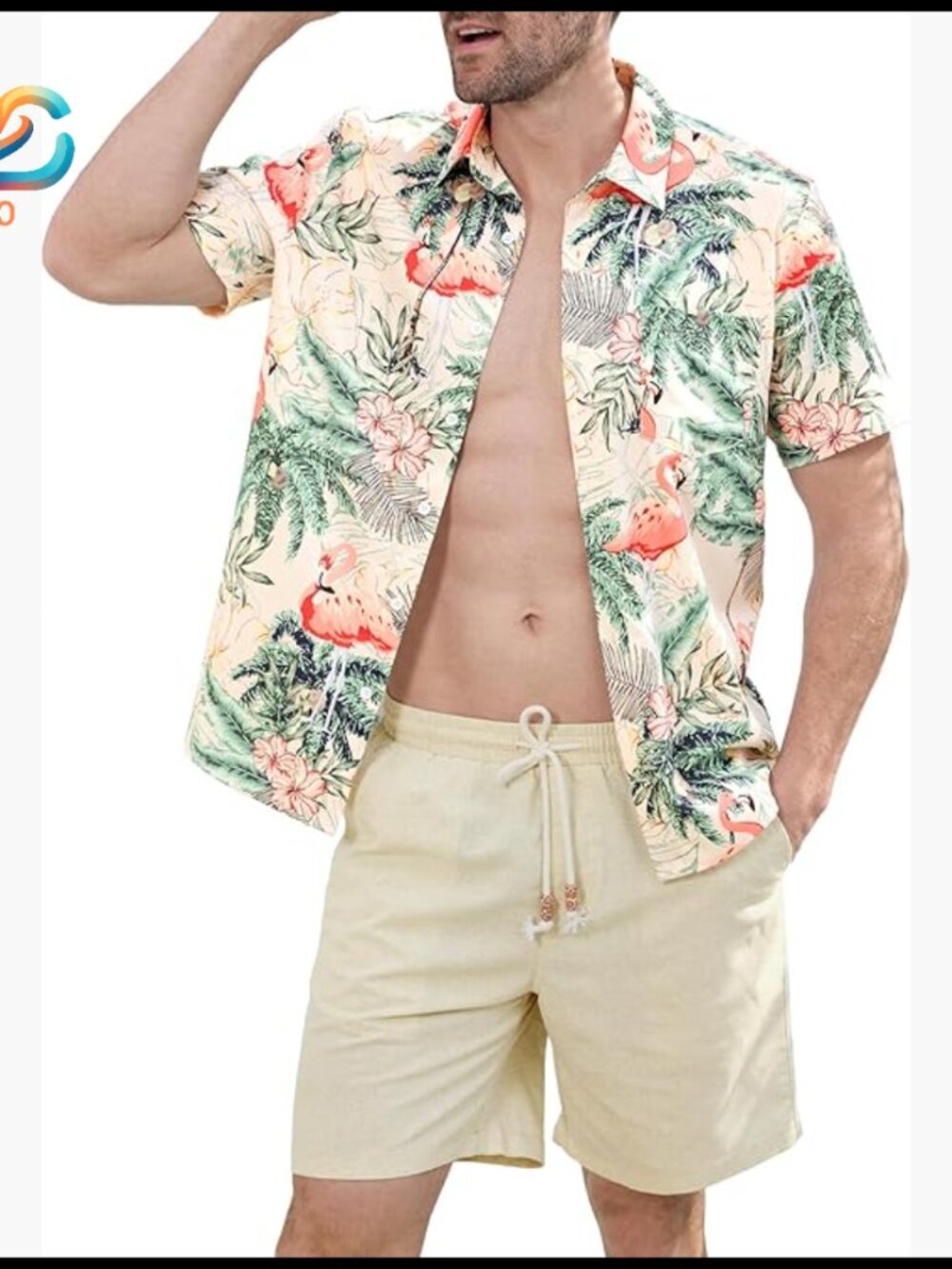 Men's Linen Shorts Set With Hawaiian Print Shirt, Regular Fit, Size Xl